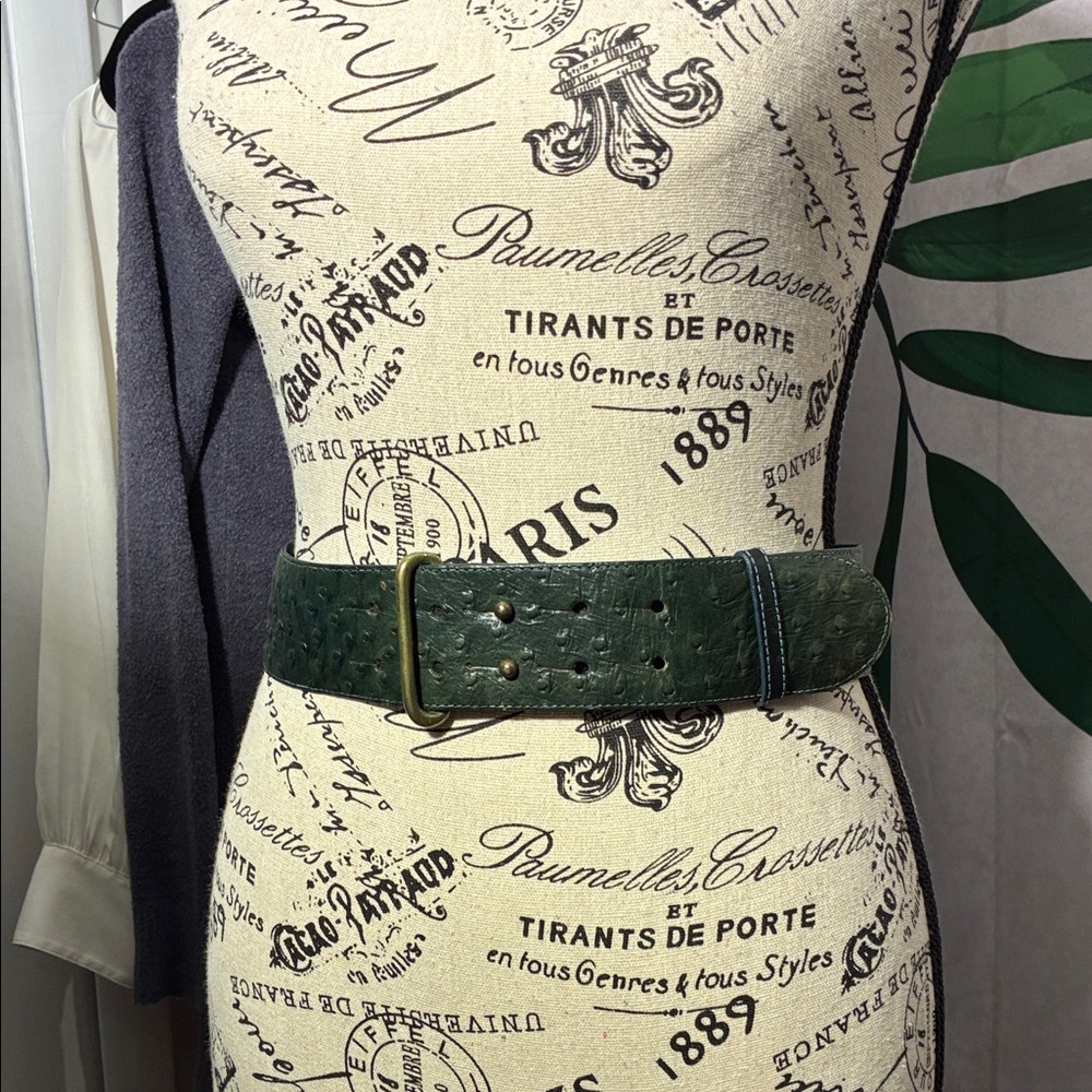 Vintage Genuine Ostrich Belt Green with Gold Buckle Made in England